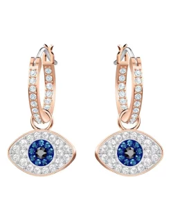 Deals ❤️ Swarovski Symbolic Evil Eye Hoop Pierced Blue Huggie Earrings ⌛