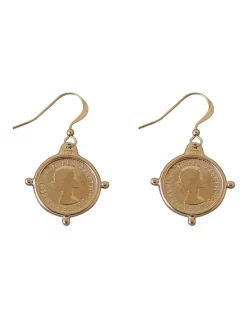 Flash Sale ⌛ Mocha Hook Compass Frame Threepence Gold Drop Earrings ⌛